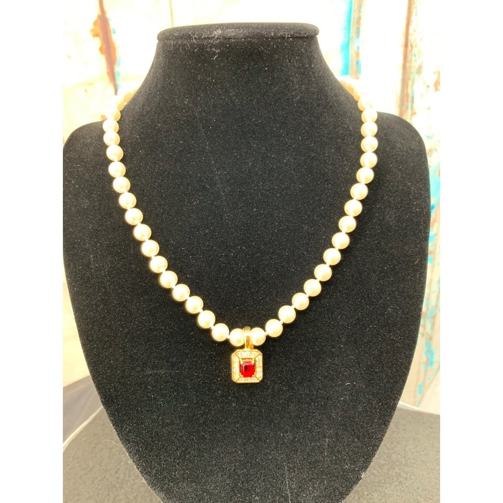 8mm Faux Pearl Necklace 18" with Red  Pendant